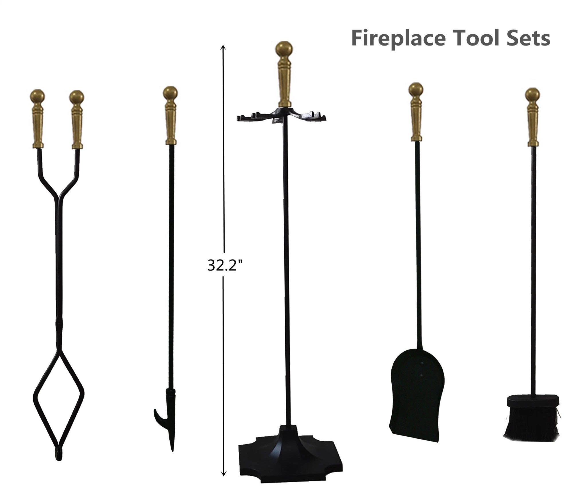 Gold-Black Cast Iron 5 Pieces Indoor & Outdoor Sets Fireplace Tool Sets Accessories Kits