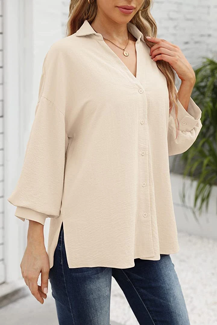 High quality/High cost performance  Casual Solid Color Chiffon Shirt Lantern Sleeve Tops Loose Blouse