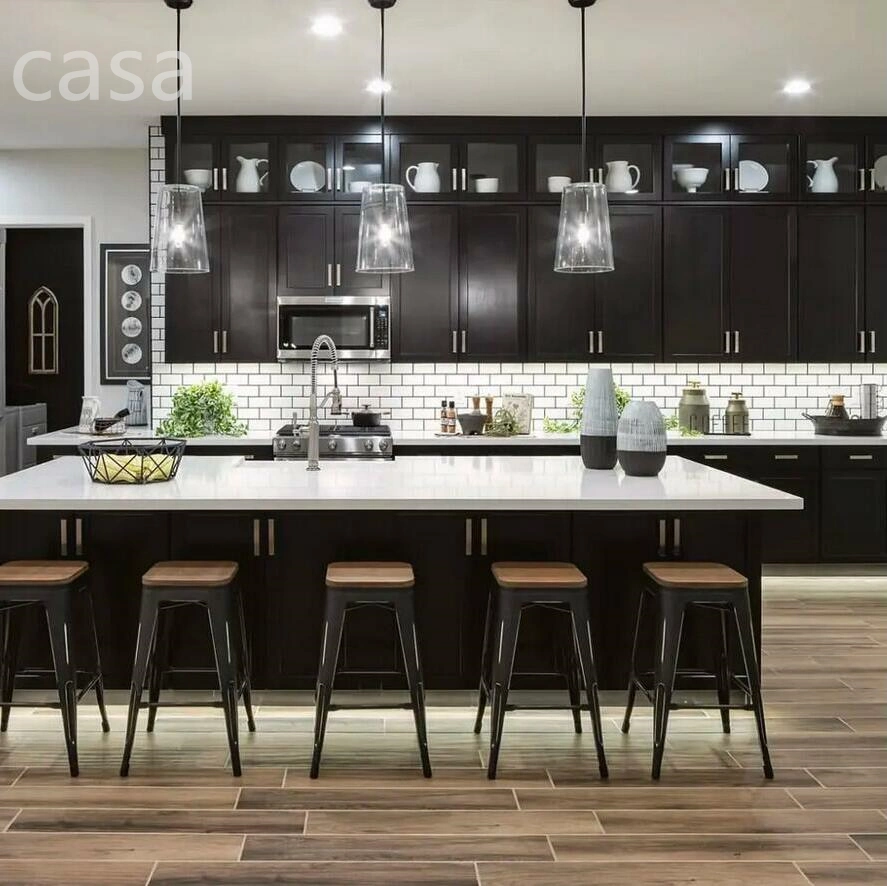 Американский дом современных белого цвета черного дерева островных кухонным шкафом индивидуальные мебель