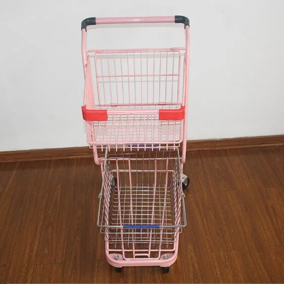 Double-Layer Shopping Trolley Carts Pink Party Shopping Hand Push Carts with Wheels
