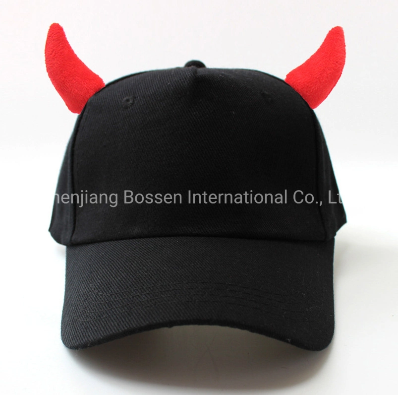 OEM Customized Logo Embroidered Black Cotton Baseball Hat Cap with Horns