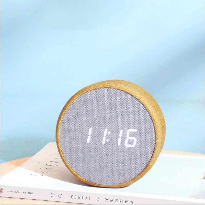 Creative Round LED Bamboo Fabric Electronic Alarm Clock