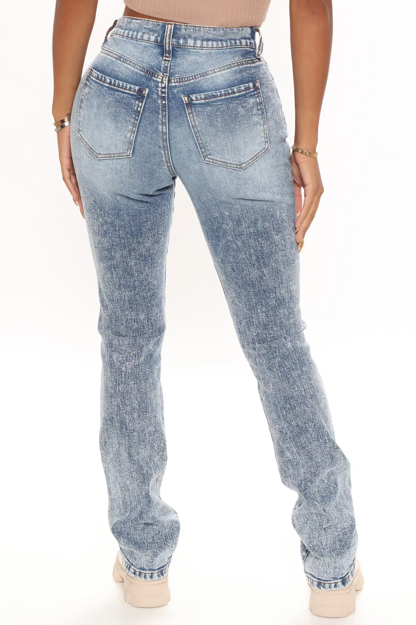 Damen High-Waist Skinny Fit Denim Hose Rodeo Days Ripped Bootcut Jeans Mittelblaue Wash Langhose