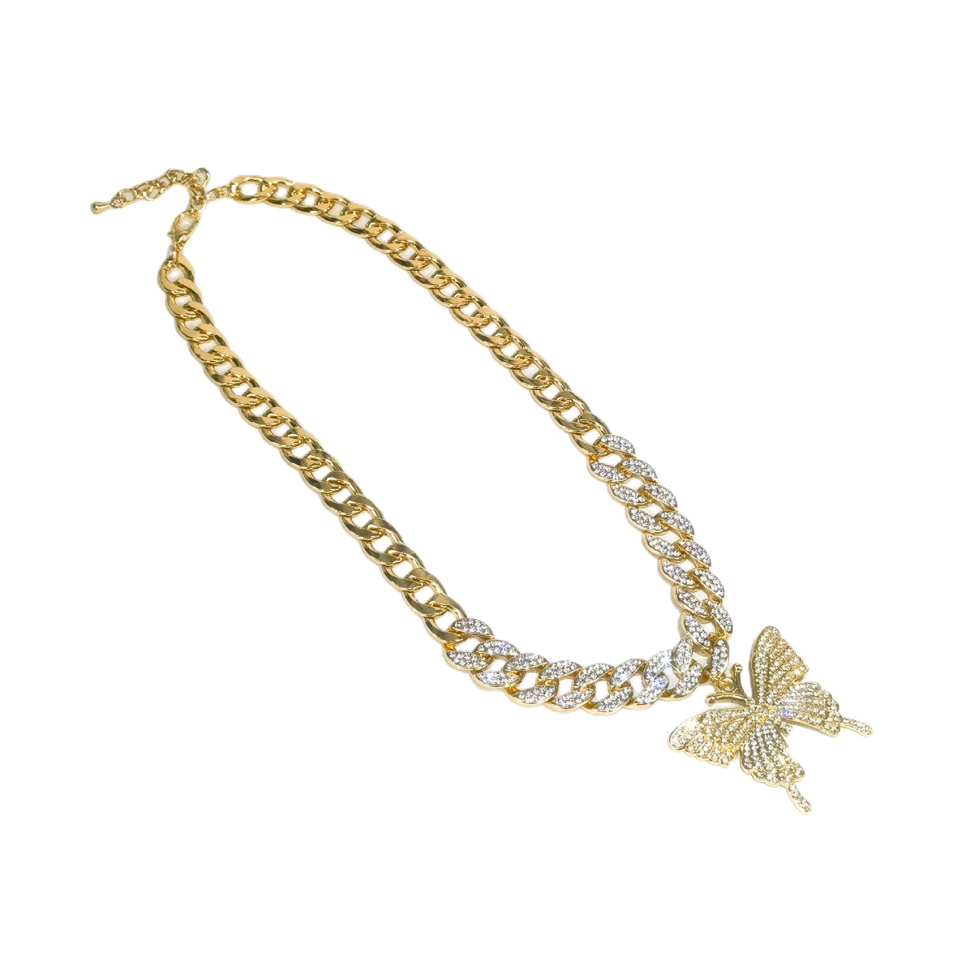 Nouveau Bracelet Papillon Collier Premium Plein Diamant Mode Polyvalent Collier Chaîne Cubaine en Cristal