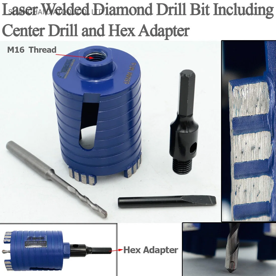 Broca de diamante soldada por láser incluida la broca de centro y. Adaptador hexagonal