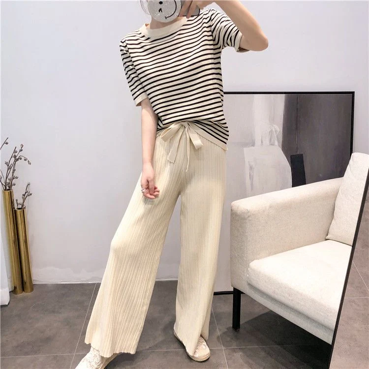 Ice Silk Knitted Suit 2023 Summer Crew Neck Striped Top Foreign Style Straight Lace-up Casual Pants Knitted Two-Piece Set