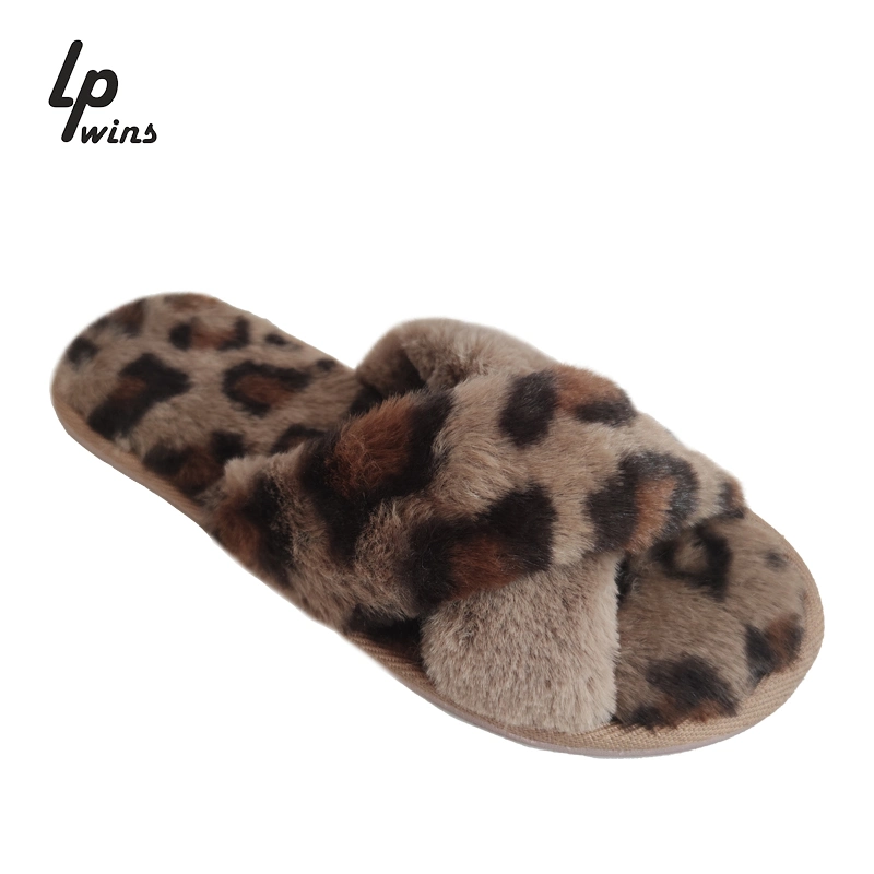Women Faux Fur Plush Open Toe Fluffy Flats Slippers Cross Band Soft Warm Comfy Bedroom House Leopard Slippers