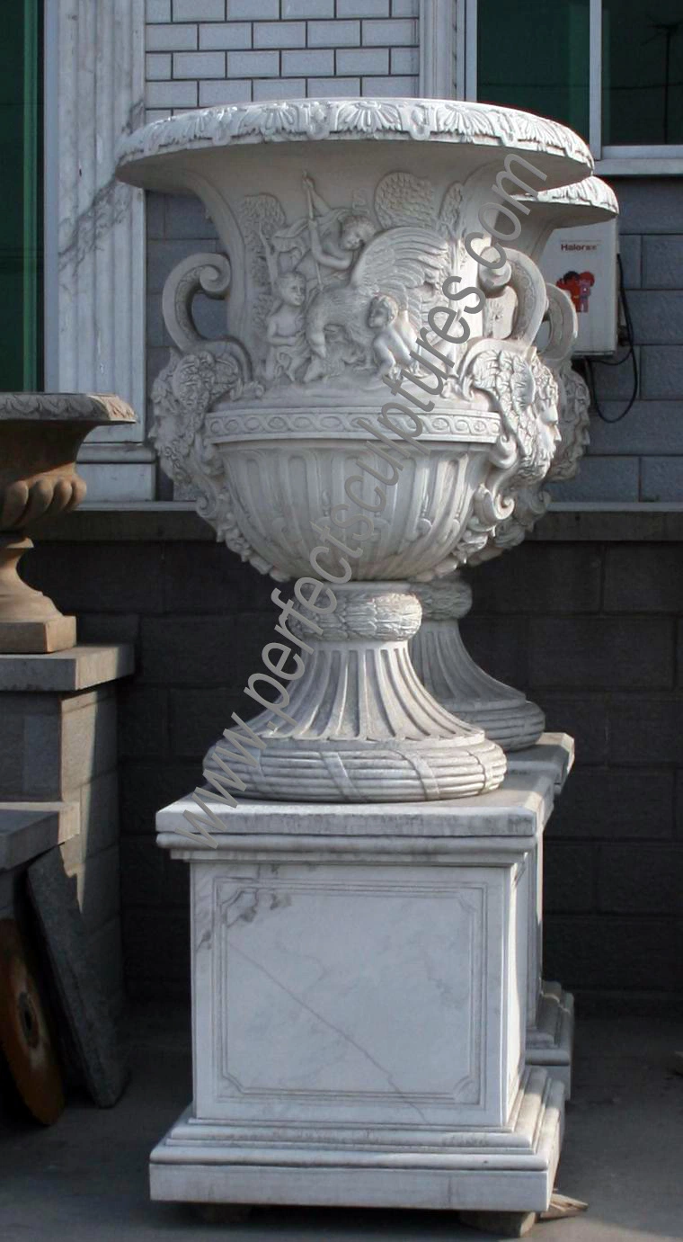 Indoor Decorative Antique Carved Stone White Marble Carving Flower Urn for Garden Decoration (QFP332)