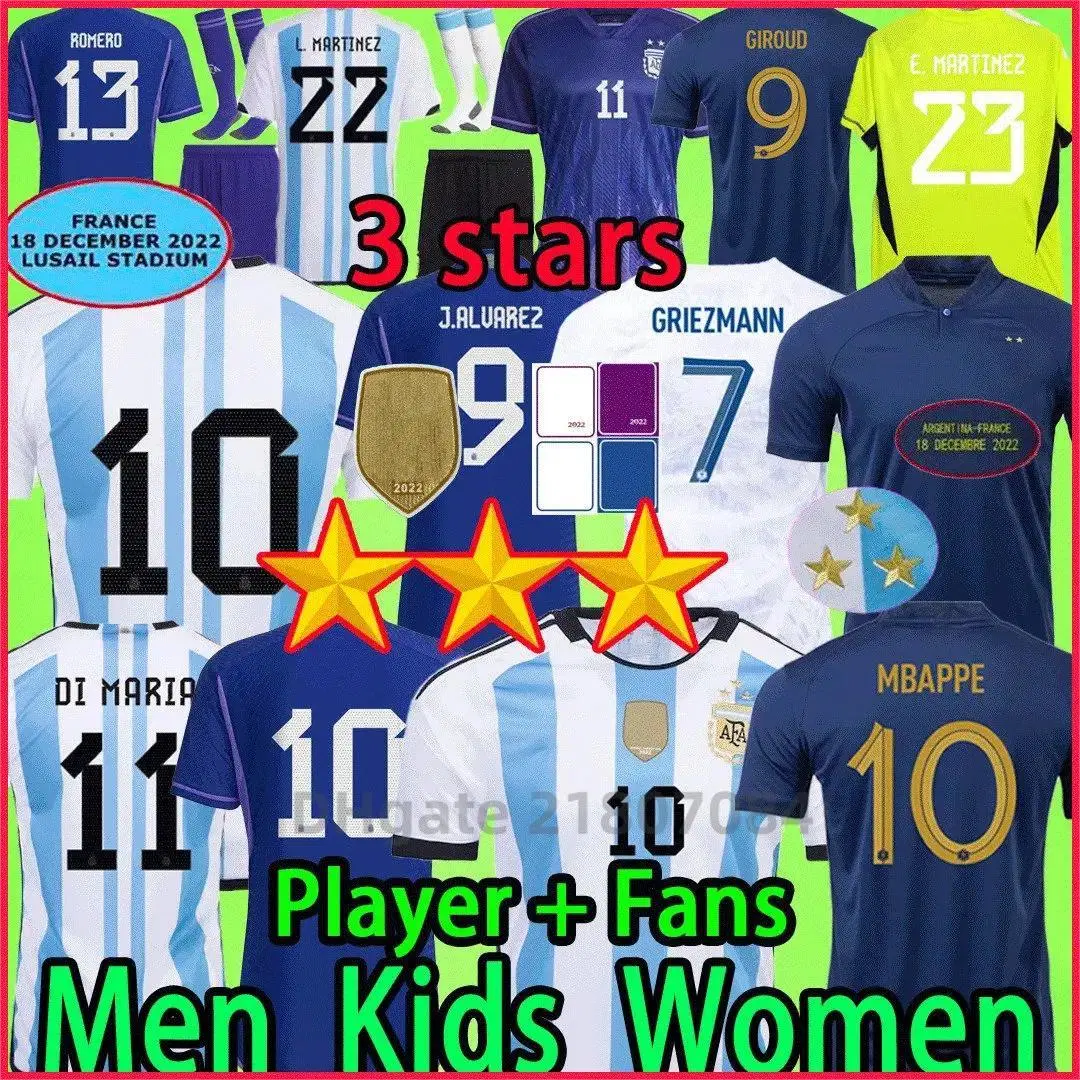 3 and 2 Stars Argentina Soccer Jerseys Finals Mbappe France Maillots De Football Kids Kit Women 2022 Messis Player Version Di Maria Goalkeeper Football Shirts