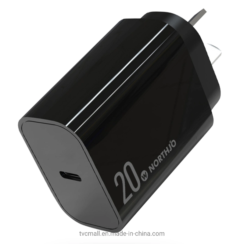 Venta en caliente PD 20W Tipo C Puerto Casa de viaje Cargador de pared adaptador de corriente de carga rápida - conector macho Au/negro