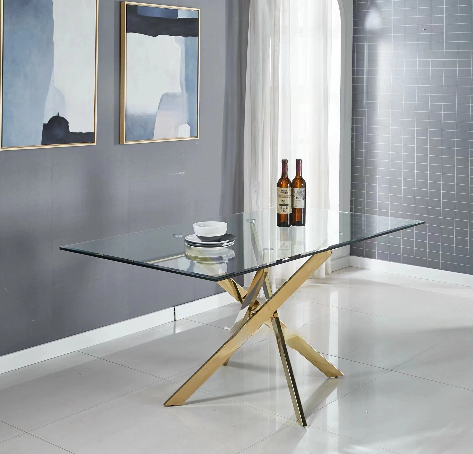 Modern Transparent Tempered Glass Dining Table with Gold Stainless Steel Frame