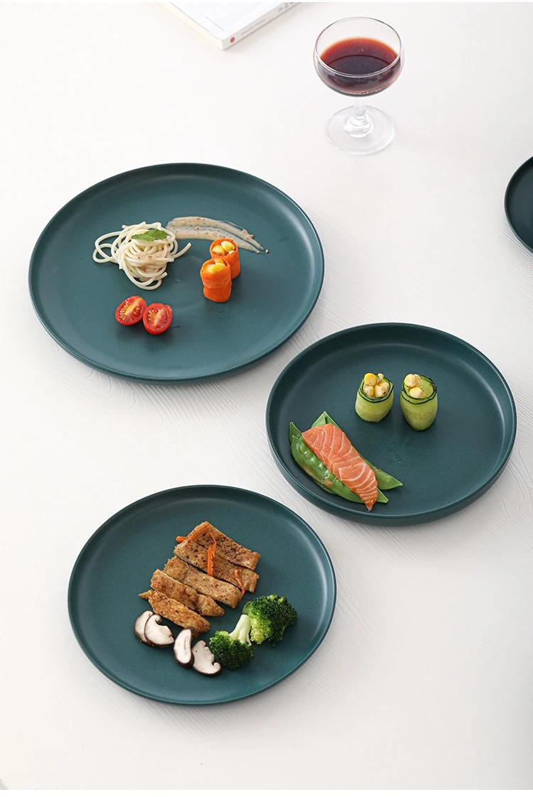 Nordic Simple Style Porcelain Matte Dark Green Ceramic Dinnerware Plates Set Microwave Safe Reactive Tableware