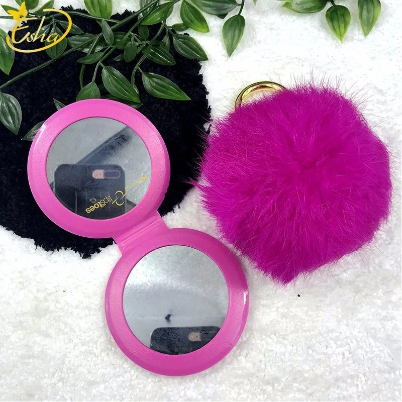 Promotion Fake Rabbit Fur POM Key-Ring Advertising Gifts Cosmetic Mirror