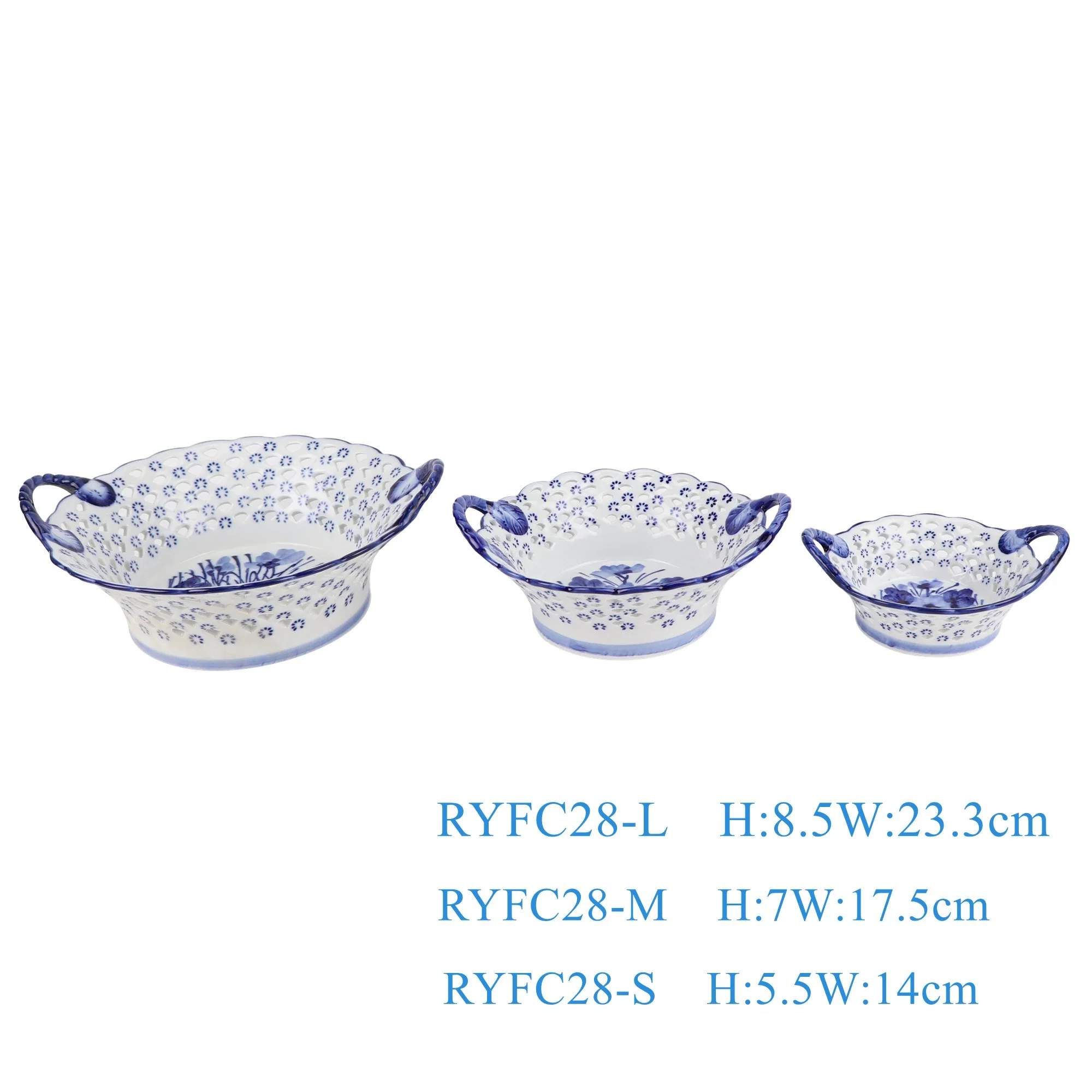 Blue e White Porcelain Hollow out Ceramic Storage Basket Fruit Prato para snacks de doces