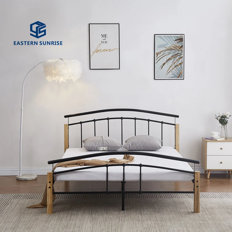 Easy Assemble, Strong Support Bedroom Bed, Double/Queen Size Metal Bed Frame with Wood Legs