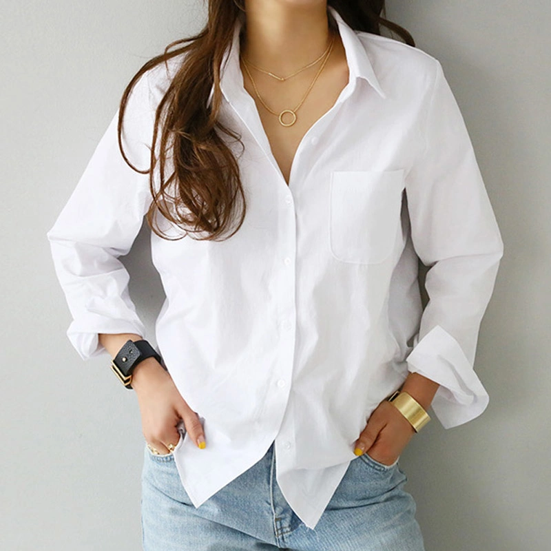 Spring One Pocket Women White Shirt Female Blouse