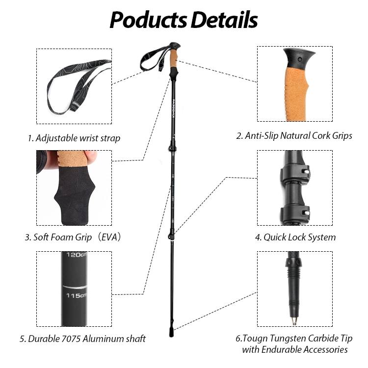 Custom 7075-Section Telescopic aluminio 3 Palas plegables caminando Postes Trekking Balancín de senderismo con sistema de bloqueo rápido