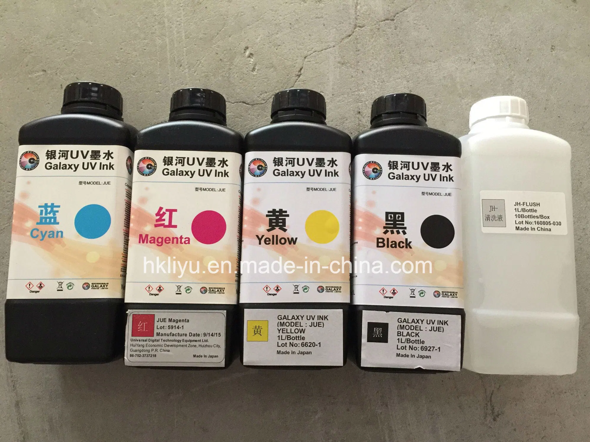 Galaxy UV Ink 5 Farbe C M Y K W 1000ml Galaxy UV Tinte für DX5 Druckkopf hergestellt in Japan Galaxy UV Siebdruckfarbe für Metalldruck UV Tintenstrahldrucker