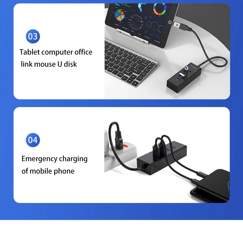 4 puertos 2,0 3,0 USB Hub Splitter de alta velocidad múltiple Divisor cable de expansión del adaptador USB para el adaptador de PC de sobremesa para portátiles Hub USB