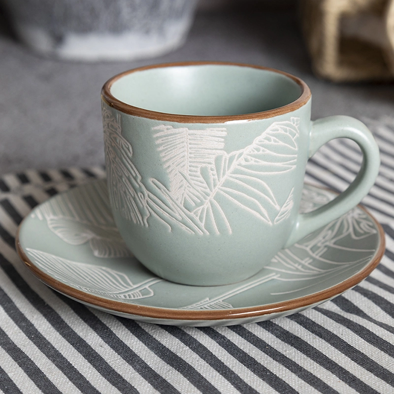 Light Green Stoneware Coffee Cup and Saucer Set with Underglaze Pad Printing with Brown Rim