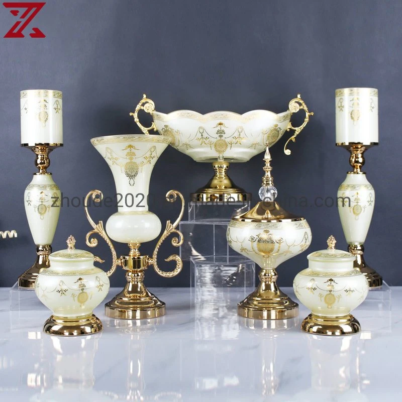 Factory Customized Glass Vase with Metal Stand Gold Plating Fruit Bowl Cream White Candle Holder Set for Indoor Decor