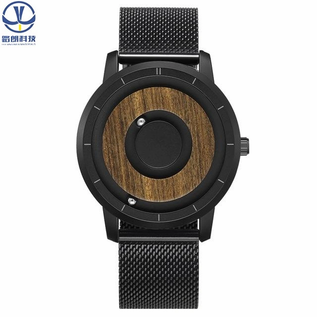 Anpassbare Logo Neutral Fashion Edelstahl Magnetische Stahl Ball Nein Zeiger Holzdial Luxus Schweizer Bewegung einfache Herrenuhr