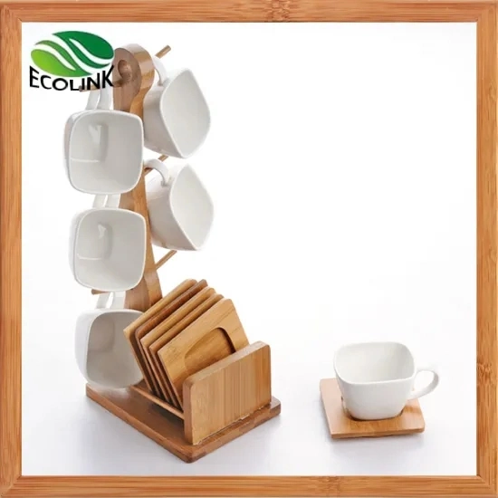 Ceramic Coffee Cup Set with Bamboo Stand