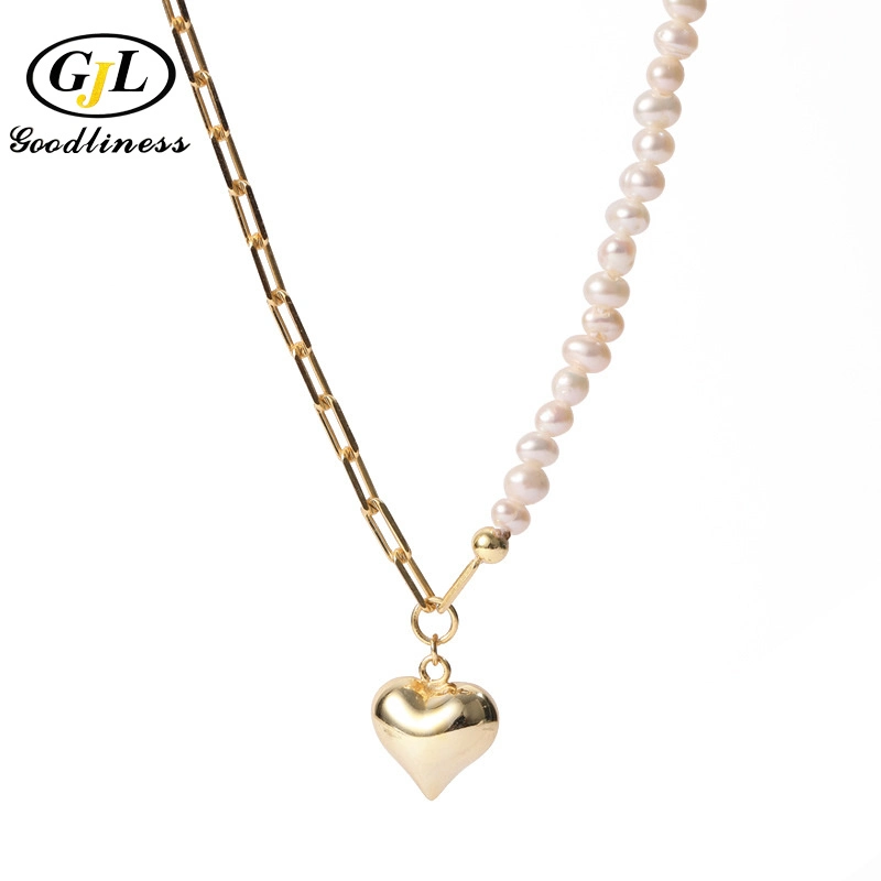 18K Gold Heart Pendant Harlf Chain Harlf Pearl Necklace