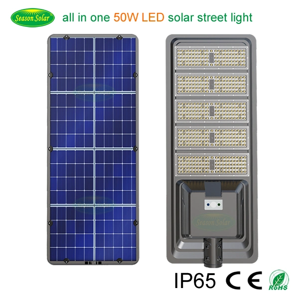 IP65 All in One Style Beleuchtung 6m Outdoor Solar Street Beleuchtung mit 50W LED-Licht und LiFePO4 Batteriesystem