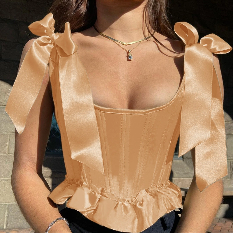 Hot Sale New Sexy Fashion Solid Color Ruffle Silk Lace up Waist Band Vest Hollow Backless Spliced Tops Women