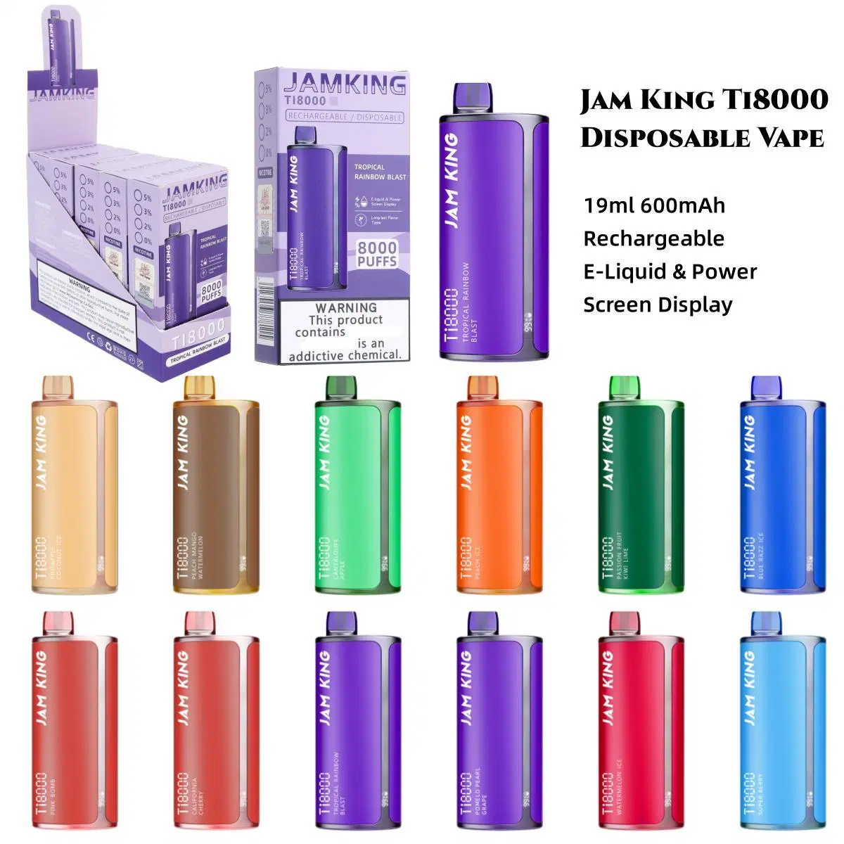 Nouveau Vape Jam King Ti8000 Cigarette électronique avec batterie de 600mAh, capacité de 19ml, 8000 bouffées, 0%, 2% et 5% de nicotine, vapeur rechargeable jetable avec plusieurs saveurs.