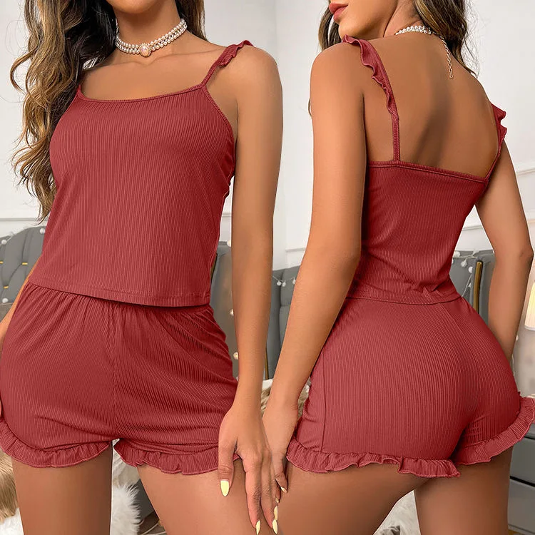 Garment Manufacturers Pajama Set Summer Sexy Casual Night Dresses for Woman Sleeping Shorts Pajamas Round Neck Knitted