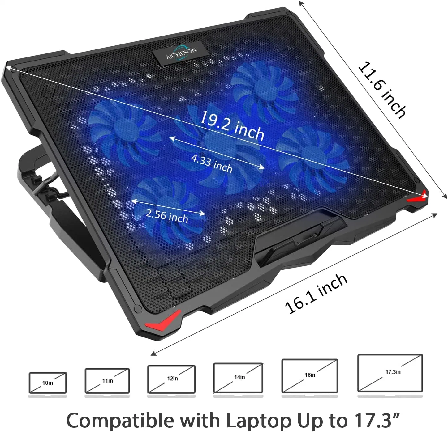 Laptop Cooling Pad 5 Fans up to 17.3 Inch Heavy Notebook Cooler Blue LED Lights 2 USB Ports Blue-5fans