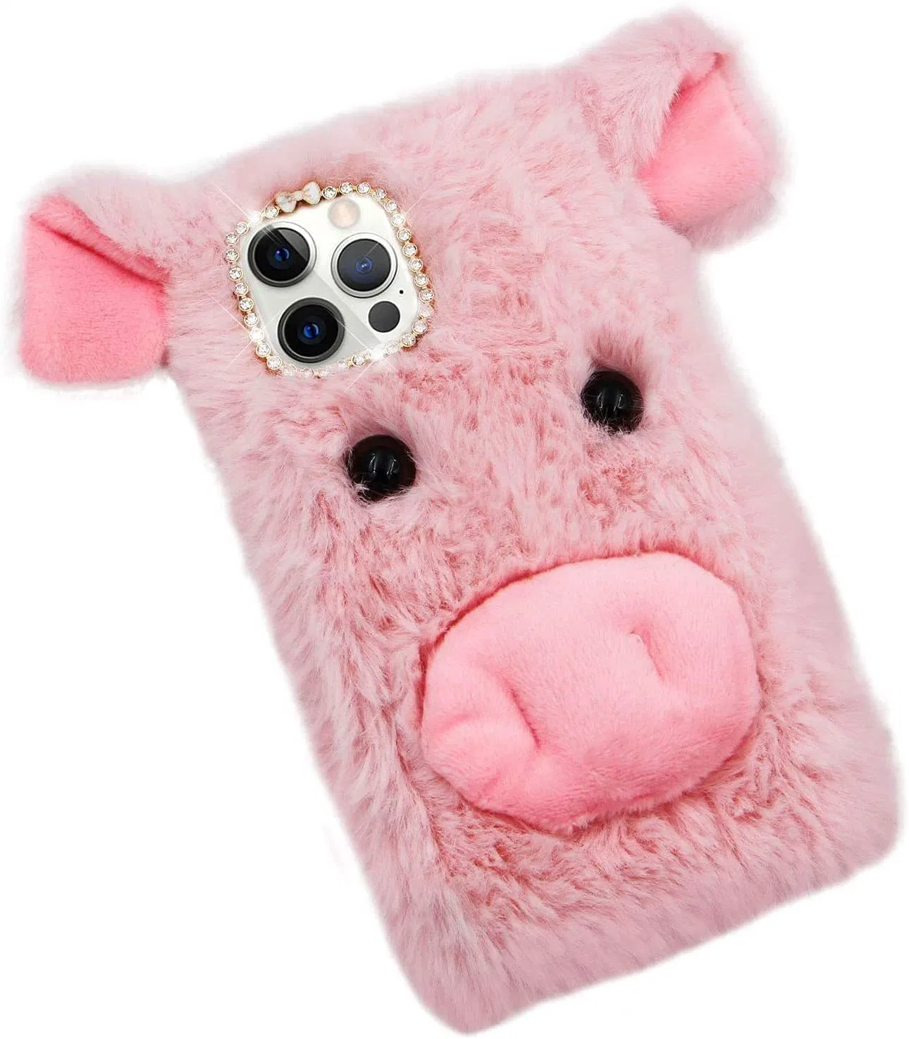 Plush Mobile Phone Case Cow Piglet Protective Cover, Cartoon Animal Faux Fur Shell Plush Shockproof Back Cover