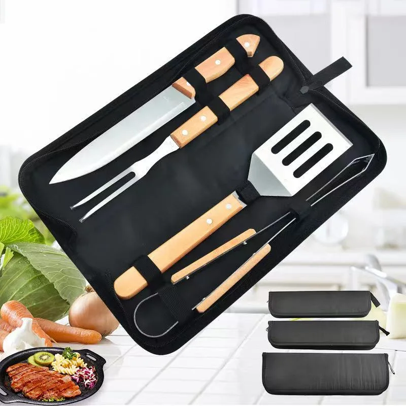 3-Pieces Reusable Stainless Steel and Wooden Barbecue Set with Bag BBQ Grill Tools