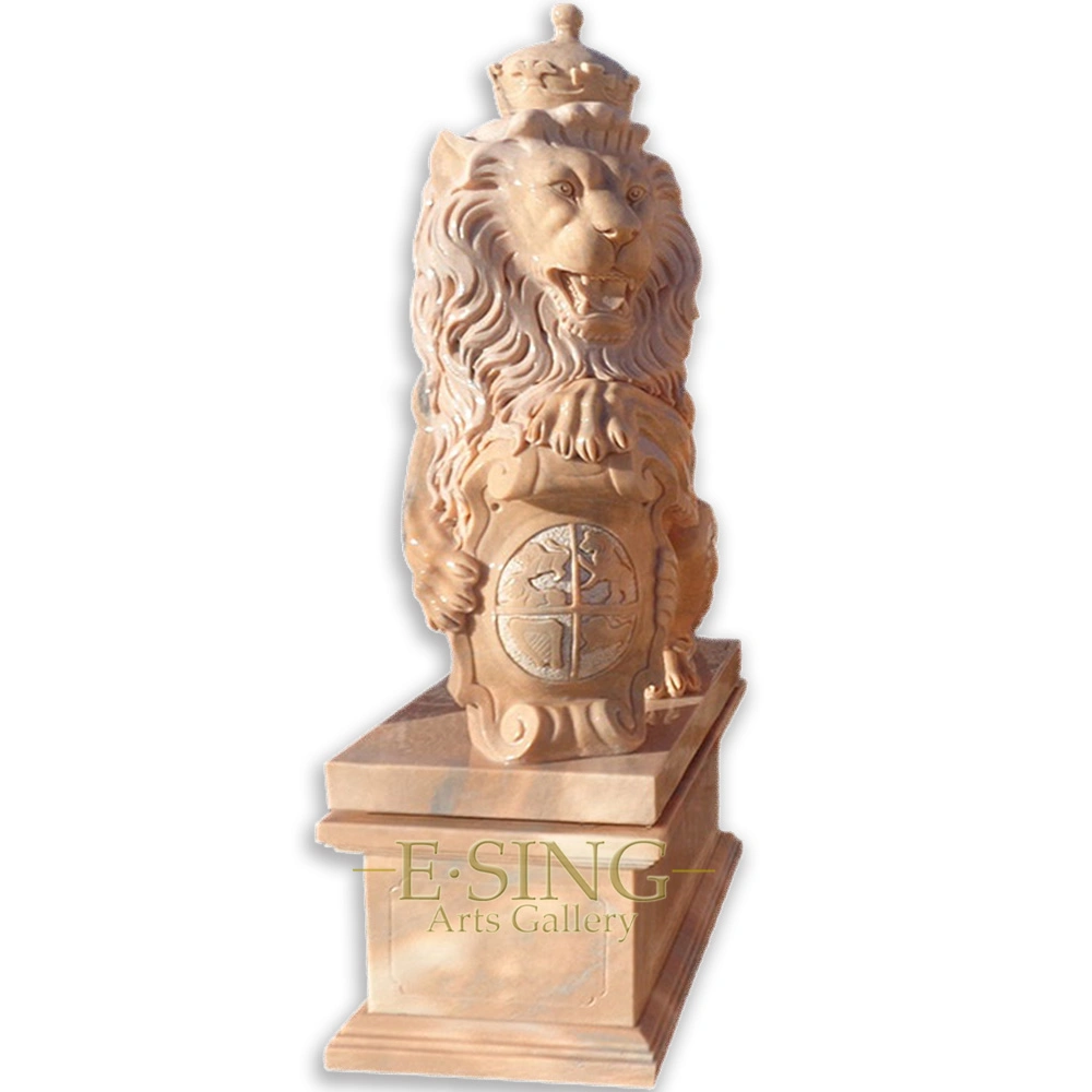 New Products Garden Decorative Hand Carved Marble Lion with Cap and Shield