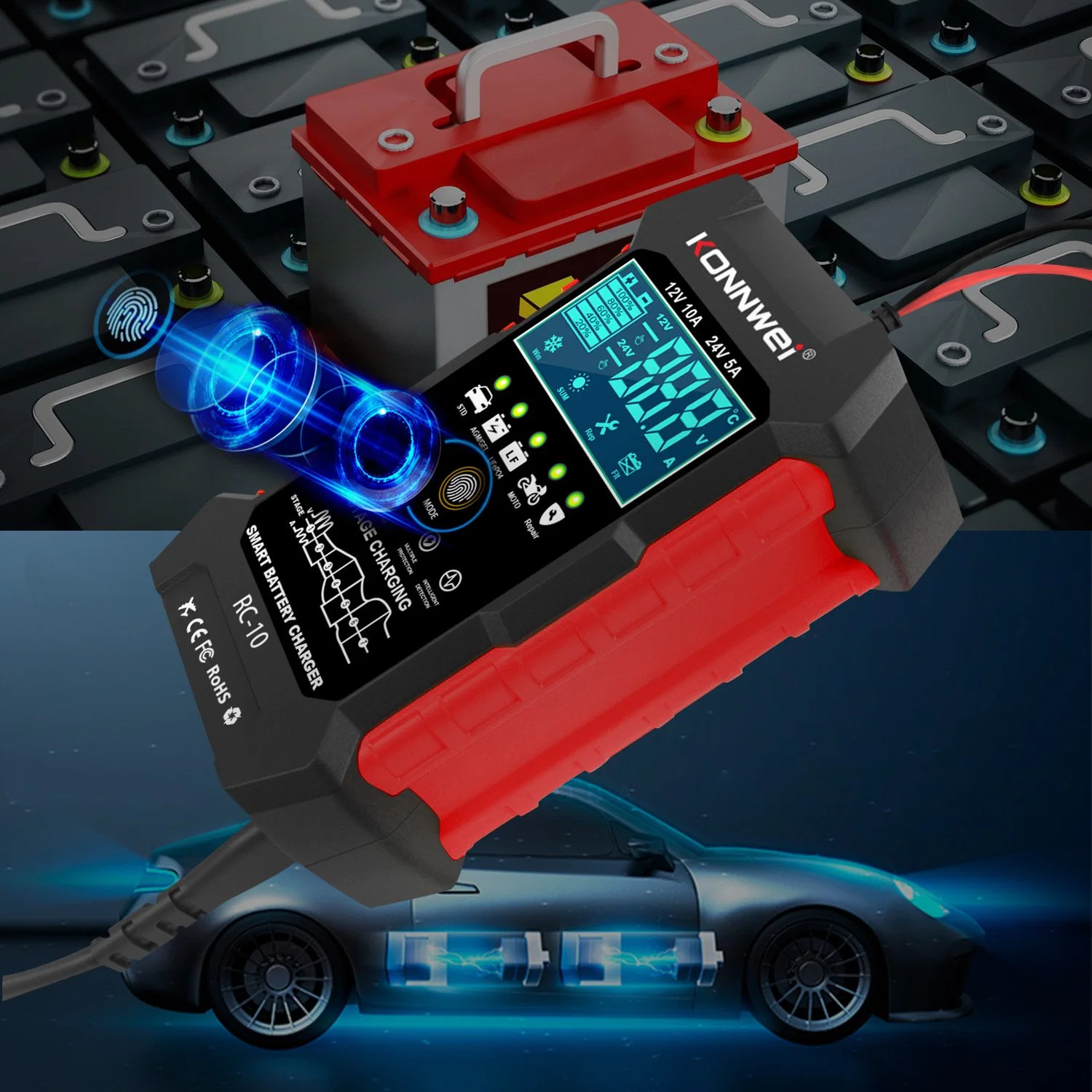 Chargeur de batterie auto intelligent RC-10 12 V/10 a 24 V/5 a avec réparation par impulsions
