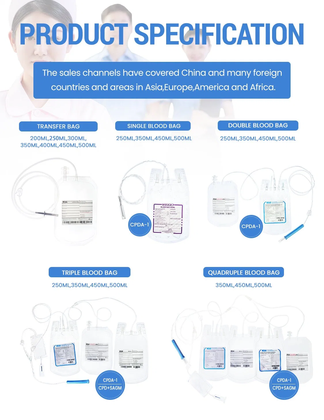 Cpda-1 Blood Collection Bag Medical Quadruple Triple Double Single Blood Bag