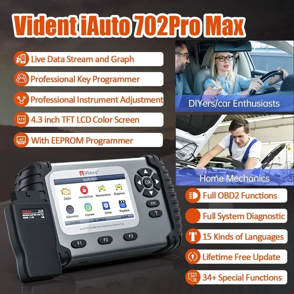 2023 Vident iAuto 702 PRO Max todo sistema de diagnóstico de automóviles Scanner Professional Key Programmer 34 funciones especiales codificación de la ECU