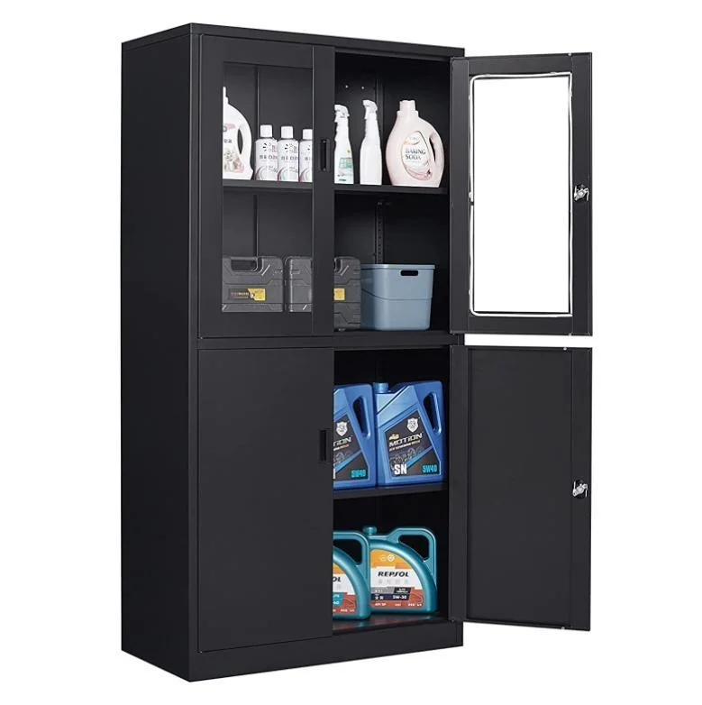 Black Glass Door Metal File Cabinet with Two Mesh Doors Locking Steel File Storage Cabinet with 4 Doors and Adjustable Shelves,