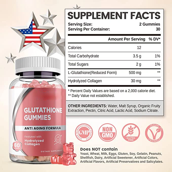 Suplementos mastigáveis de L-Glutathione com Colágeno para Cuidados com a Pele, Suporte ao Fígado, Antioxidante, Sistema Imunológico.