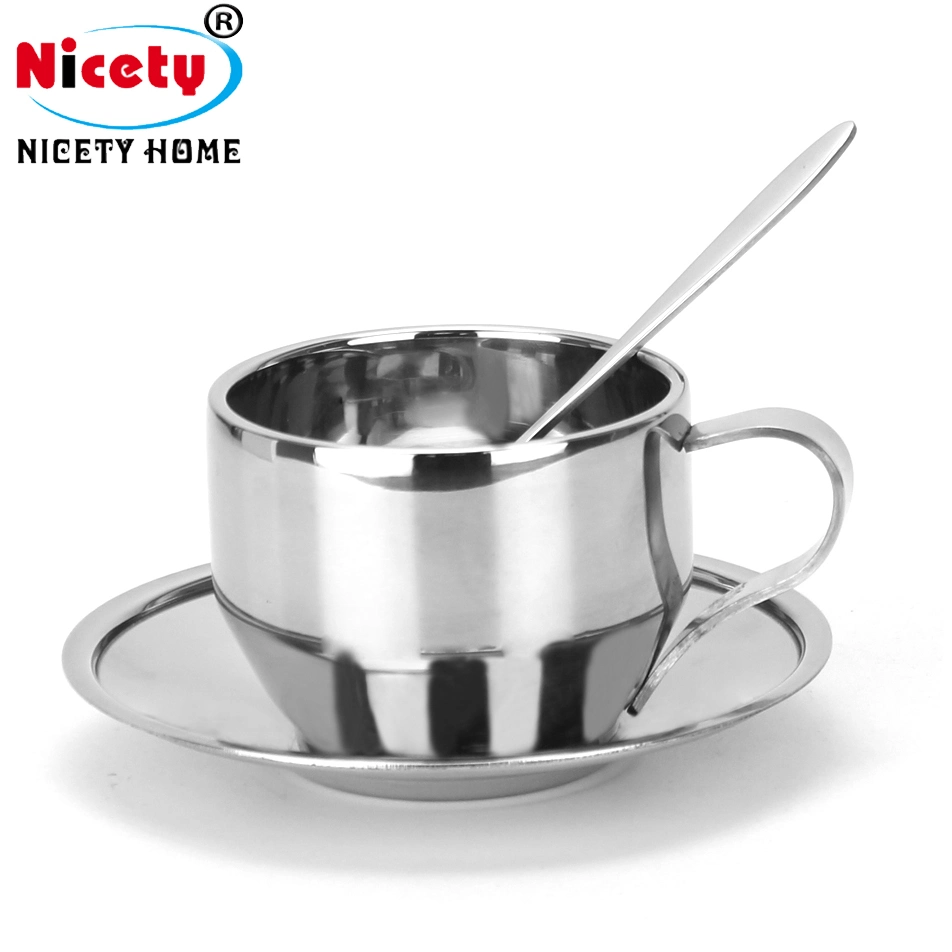 Anti-Scald Handle Spoon Plate Milk Tea Mug Stainless Steel Cappuccino Coffee Cup