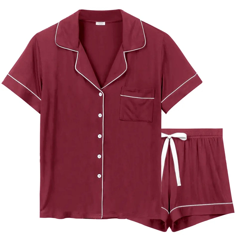Summer Two Pieces Short Sleeve Sleepwear Modal Satin Pajamas Set with Pocket