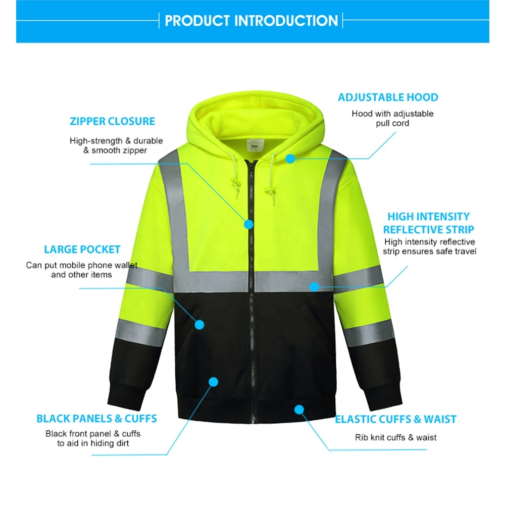 Draw Cords Safety ANSI Class 3 Sweatshirt Warm Fleece Hi Vis Hood Shirt Construction Reflective Hoodie