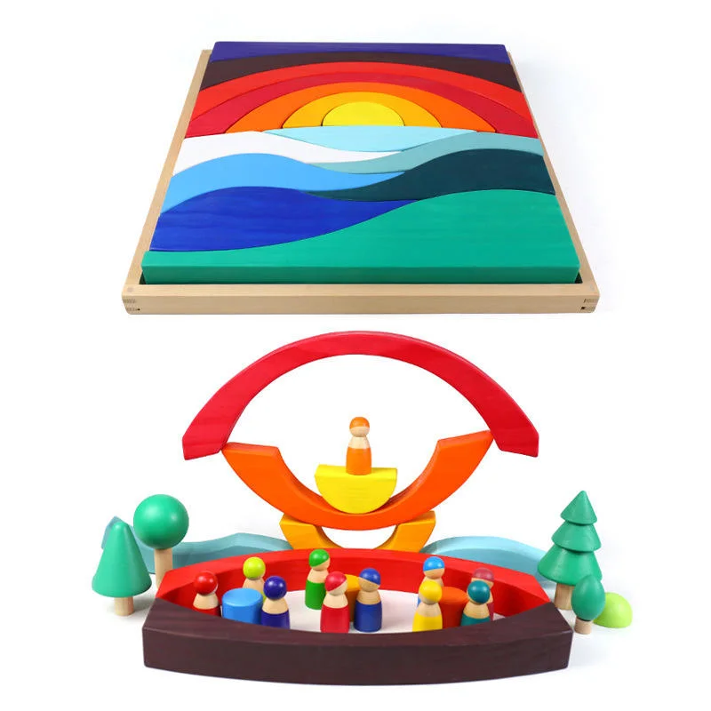 Customize Colorful Educational Toy Rainbow Building Block Sets for Toddlers Wooden Toys