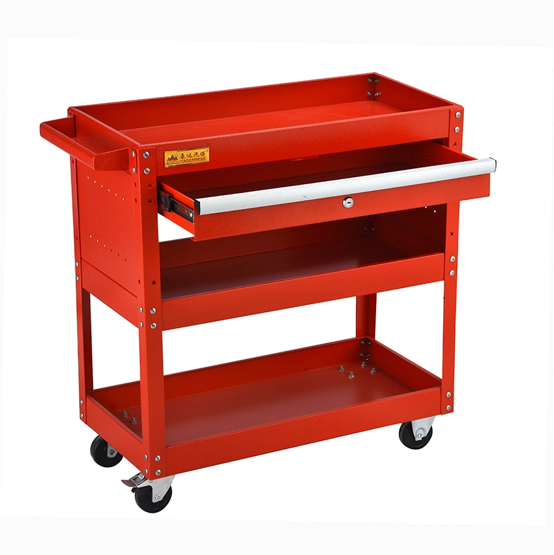 3-Tire Red Rolling Tool Trolley Metal Tool Cart with Lockable Drawer