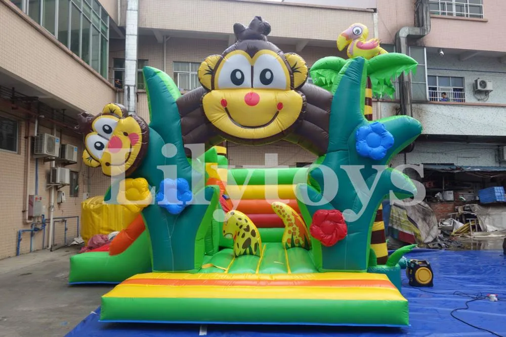 Inflables Trampolines Piscina divertido mono Bouncer, duradero, pequeños castillos con tobogán, tobogán inflable de la ciudad de diversión para niños