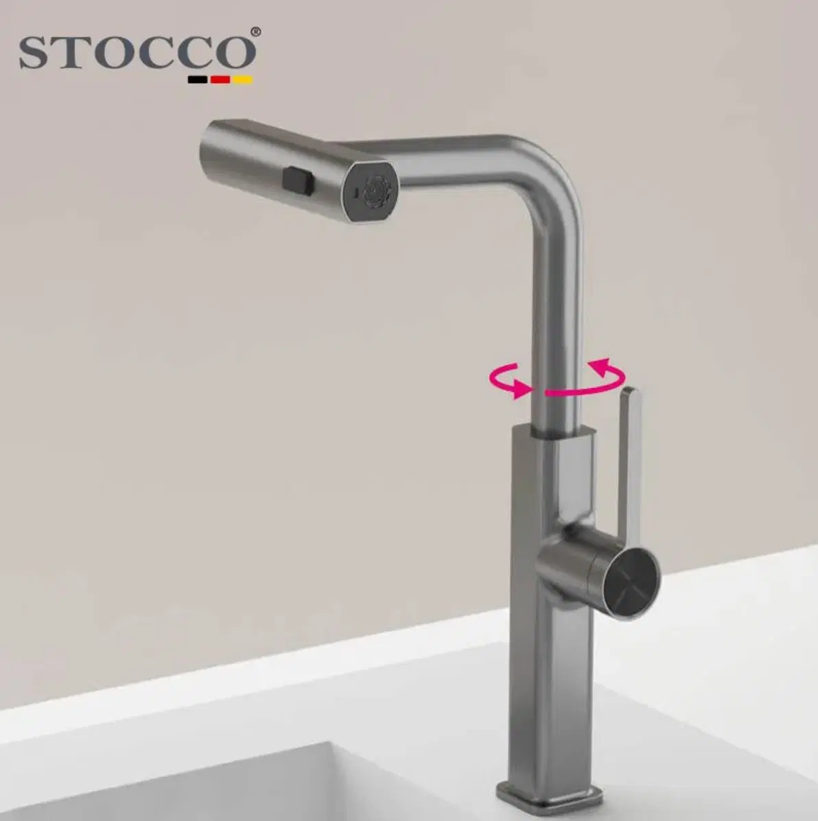 Stocco Unique Design Gun Cold Water Tap Single Hole Deck 3 Way Pull out Waterfall Kitchen Faucets