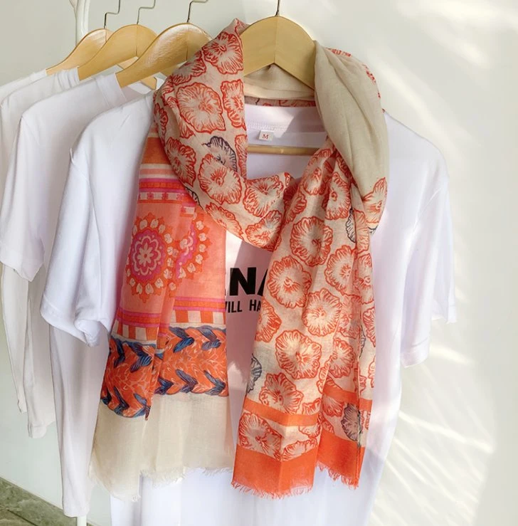 2022 Laranja Plant Flower Cotton Linen Scarf Soft Long Sunscreen Toalha de praia grande do showl Seaside