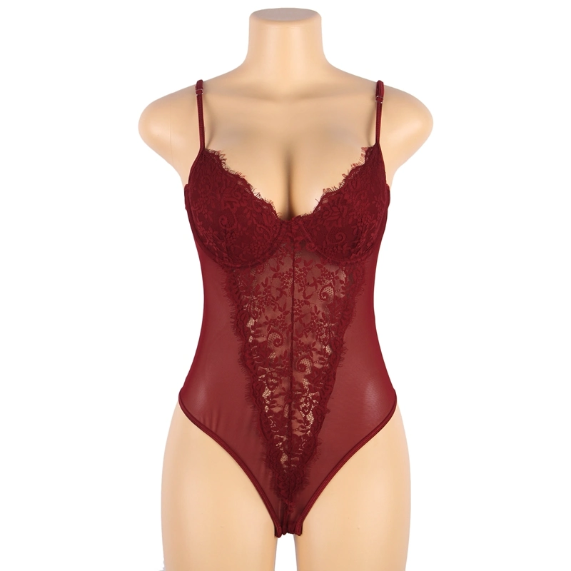 Plus Size Crotch Open Red High quality/High cost performance Lace Splicing Sexy Teddy with Underwire